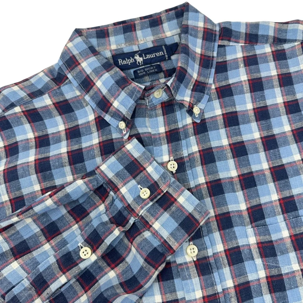 RALPH LAUREN Vintage Mens Blue Plaid Linen Big Shirt Button Down Pony Logo Large